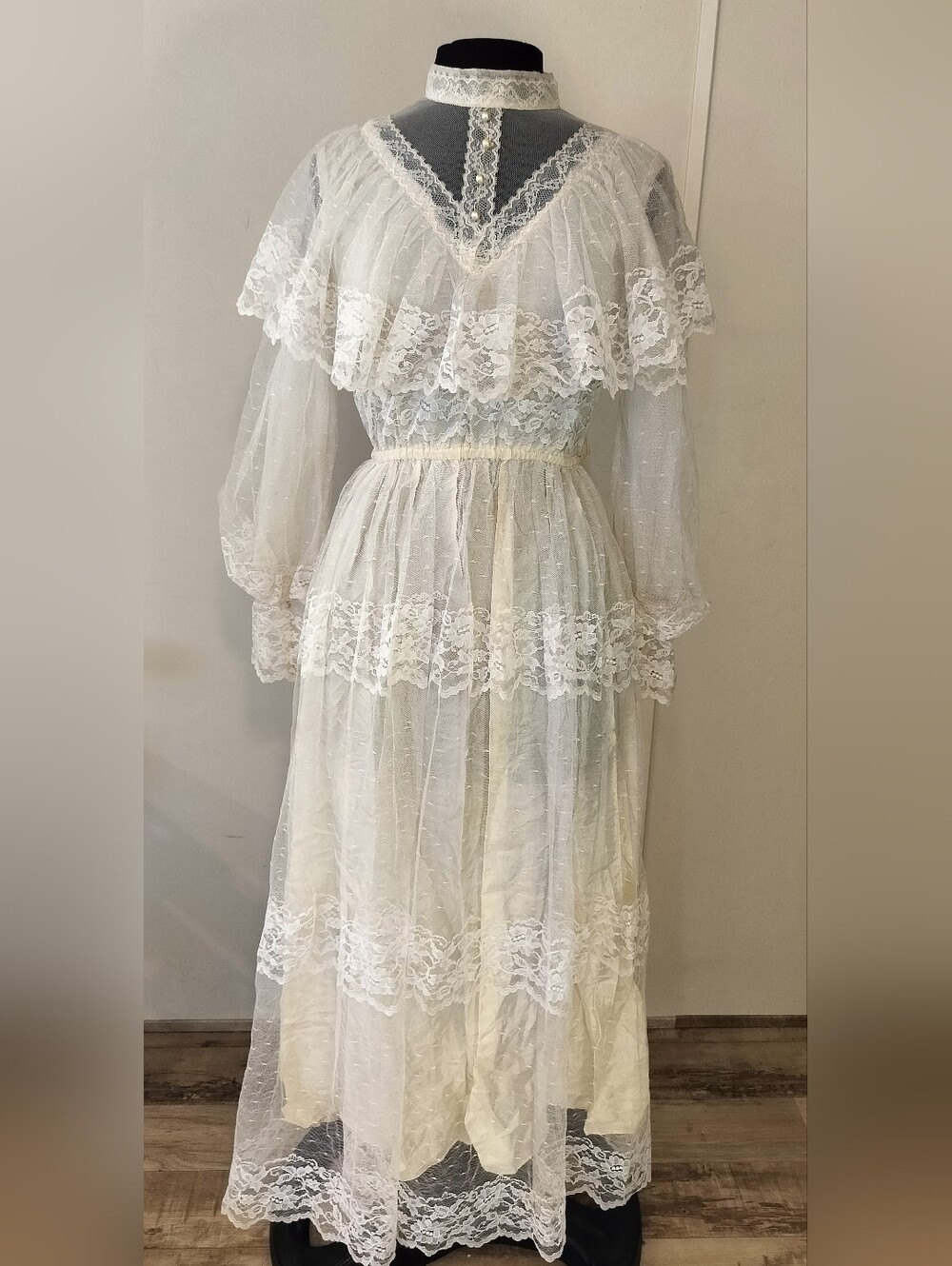 Sheer Lace Maxi Dress in White with High Neck